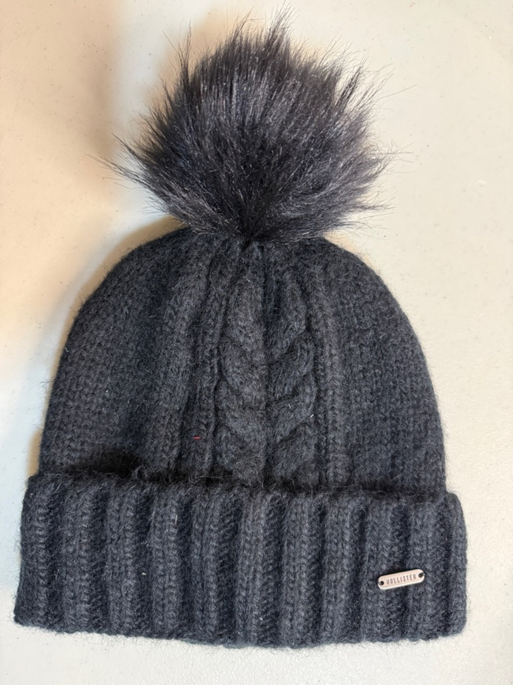 Black Cable Knit Pom Beanie